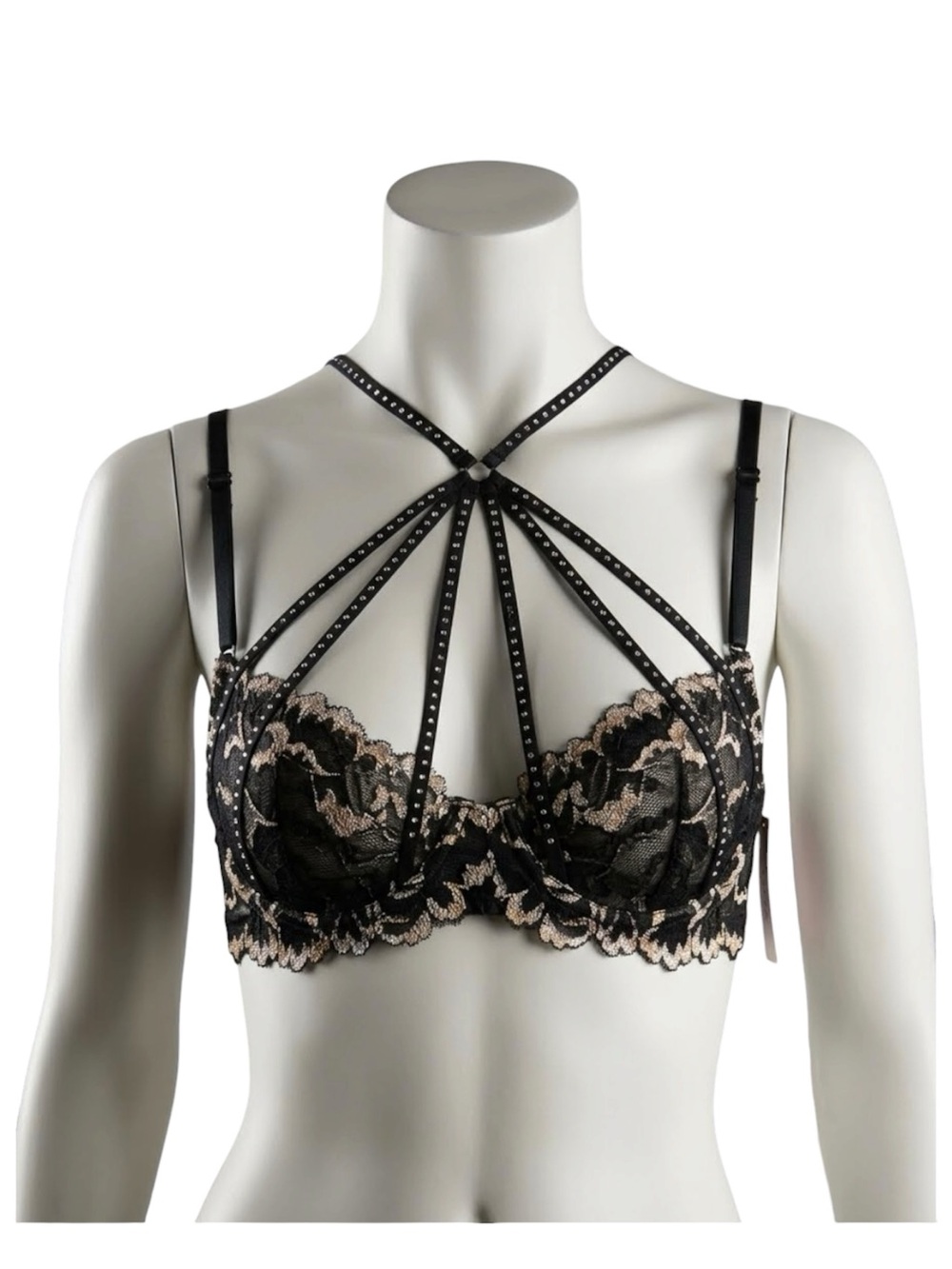 La Senza 32C Strappy Bra Black Lace Neck Holster Rhinestone Detail Sexy Lingerie